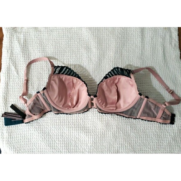 Victoria Secret Underwire Padded Plunge Bra Green Beige Lace Size 32DD - Picture 4 of 9